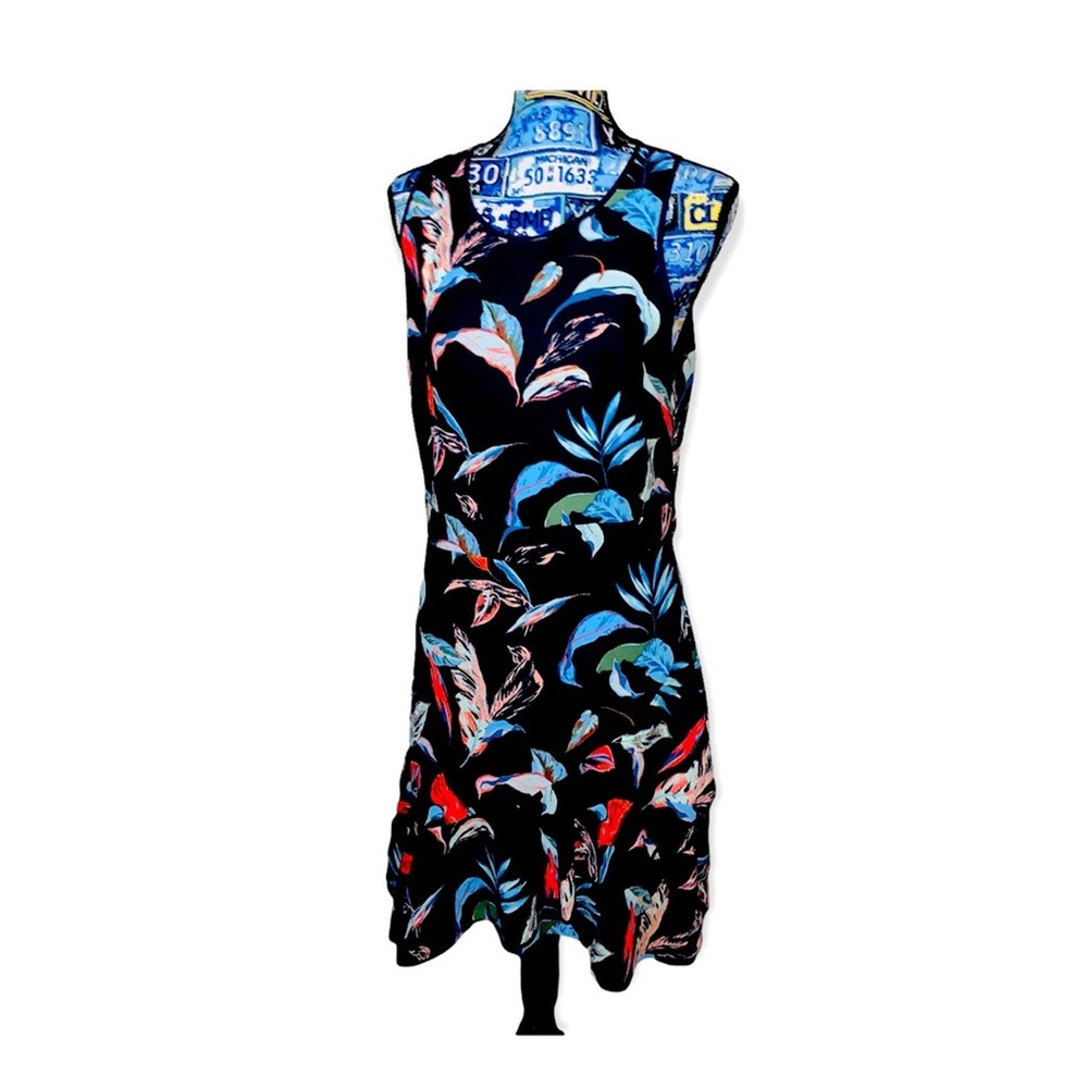 Banana Republic Leaf Print Ruffle Hem Dress Navy Blue Sz 10 Asymmetrical